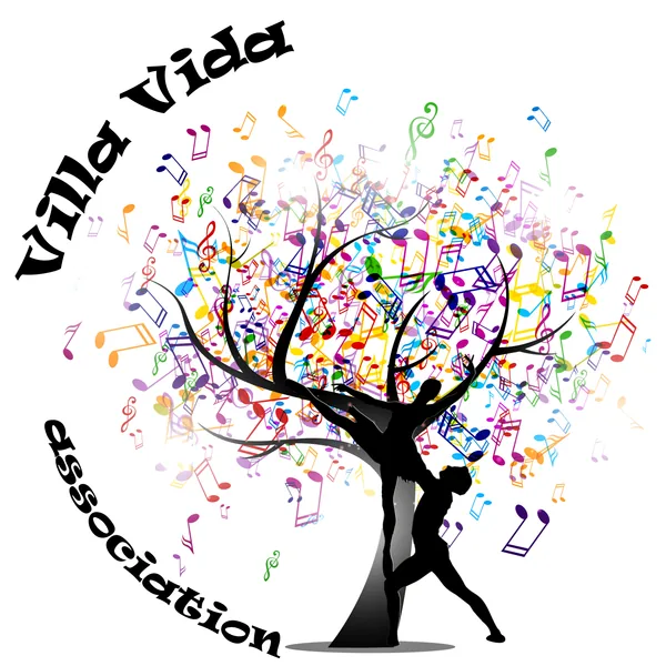 Logo Villa Vida association : un arbre de vie dont le tronc est un couple de danseurs et dont les fruits sont des notes de musique.